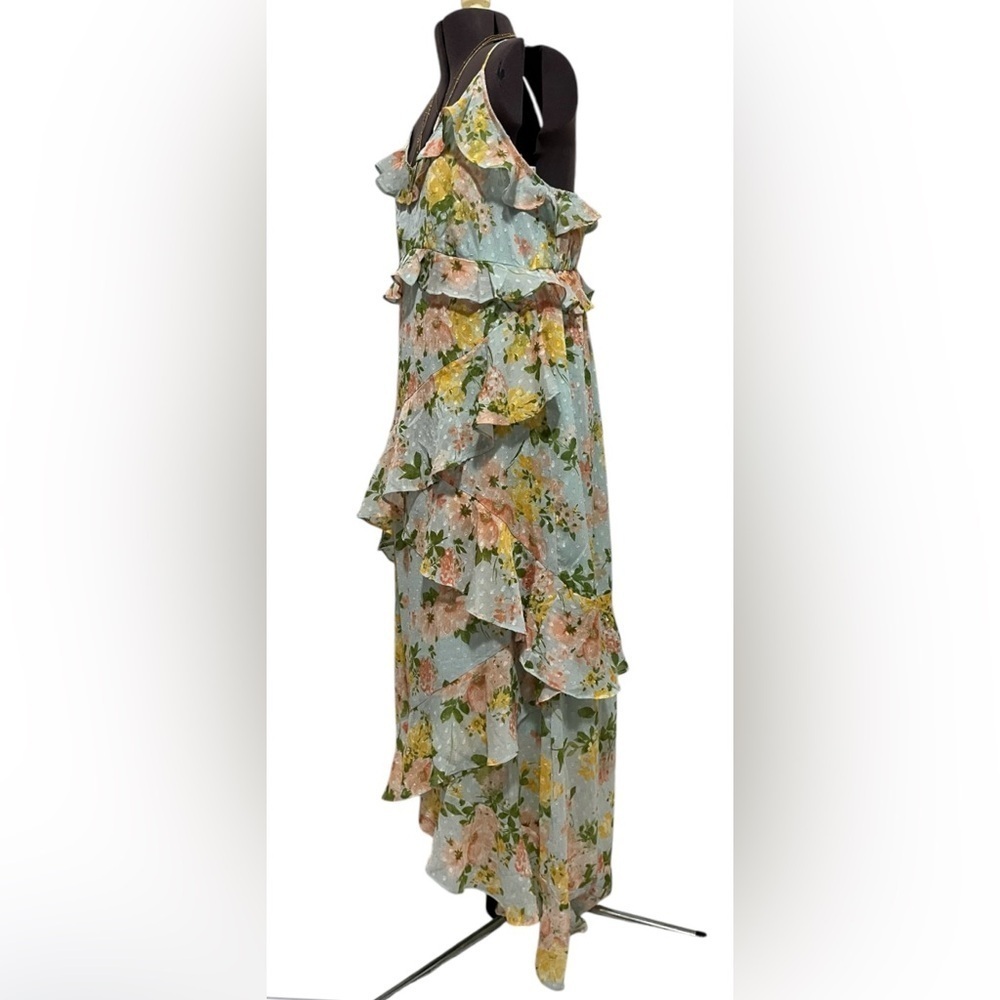 By The River Blossom In Time Blue Multi Floral Ruffle Tiered Midi Dress Size L - Picture 11 of 14